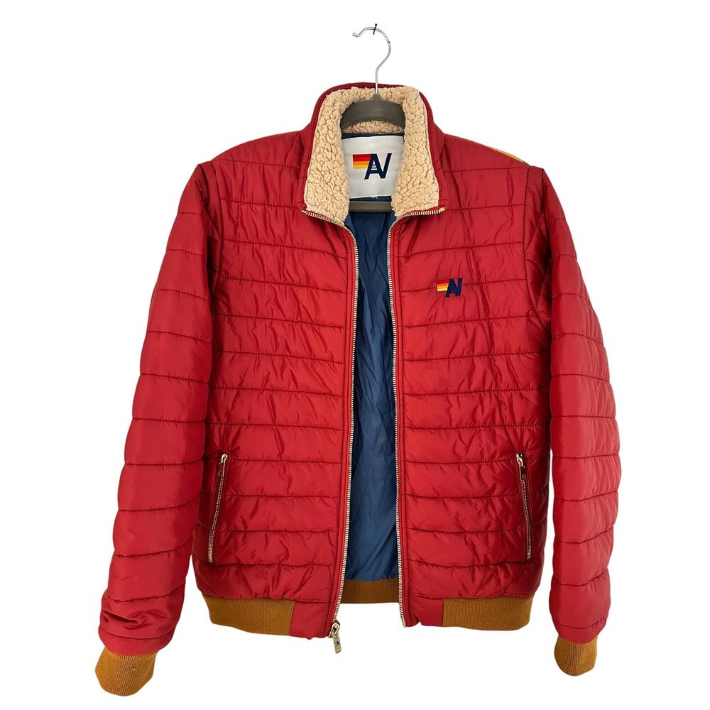 Aviator Nation Red Puffer Jacket with Rainbow Sunburst Back - Picture 5 of 9